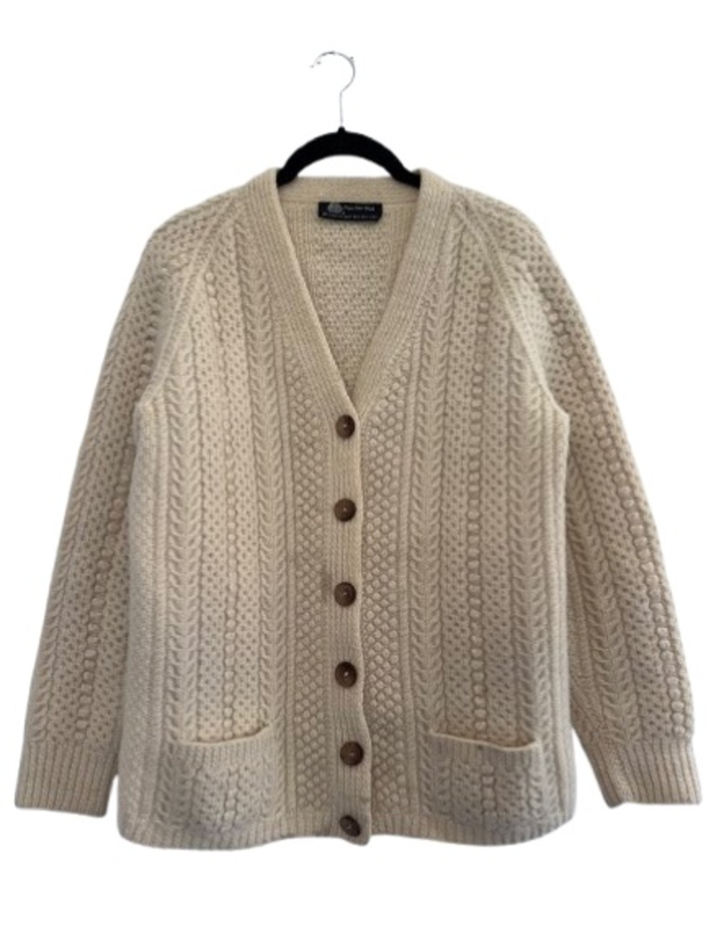 Vintage 80s Pure New Wool Cable Knit Heavy Cardigan Sweater Cream